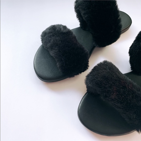 Black fuzzy fur slides slippers double band - Picture 6 of 11